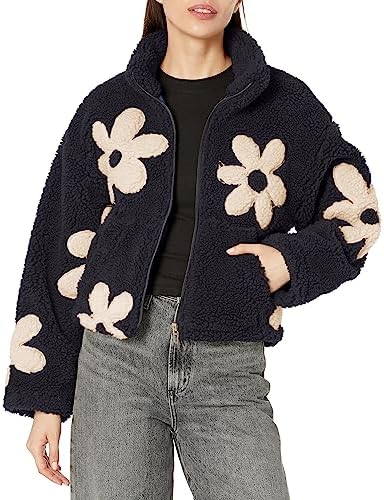 [BLANKNYC] womens Luxury Clothing Sherpa Jacket With Floral Patch Detail, Comfortable & Stylish Coat