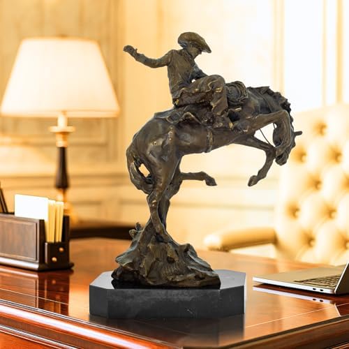 Bronze The Bronco Buster Sculpture by Frederic Remington - Classic Western Cowboy Taming Wild Horse Bronze Statue, Perfect for Art Collectors and Home Decor Labor Day Gifts (Square Base)