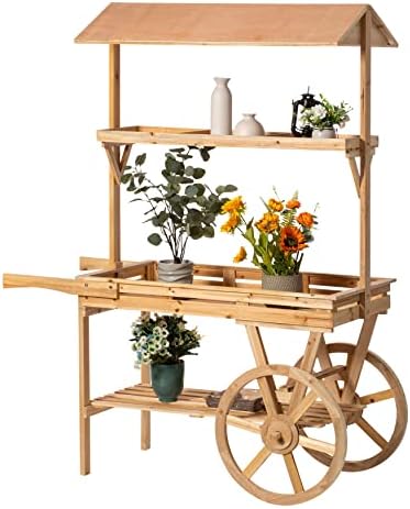 Vintiquewise Large Wooden 3 Tier Rolling Table Cart with 2 Wheels for Home Decor Modern Wagon with Shelves for Display Rack, Coffee Station, Food Stand, Beverage Bar, and Tea Stall