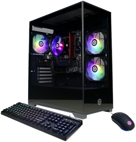 Front view of the CyberPowerPC Gamer Xtreme VR Gaming PC, showcasing its sleek case and vibrant RGB lighting.