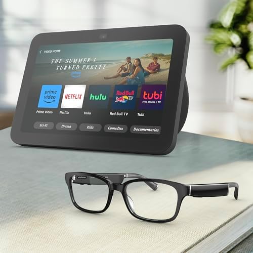 Amazon Echo Frames (newest model) + Echo Show 8 (newest model), Smart Glasses with Alexa, Rectangle frames in Classic Black with blue light filtering lenses