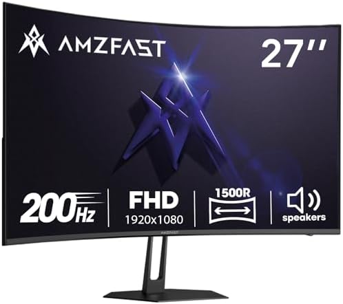 Alt Text for image 1: Amzfast 27-inch Curved Gaming Monitor showcasing its sleek design and immersive curved screen.