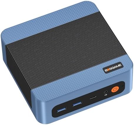 Compact BOSGAME E5 Mini PC with keyboard and mouse setup