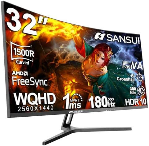 Alt Text for image 1: SANSUI 32-Inch Curved Gaming Monitor showcasing its immersive curvature